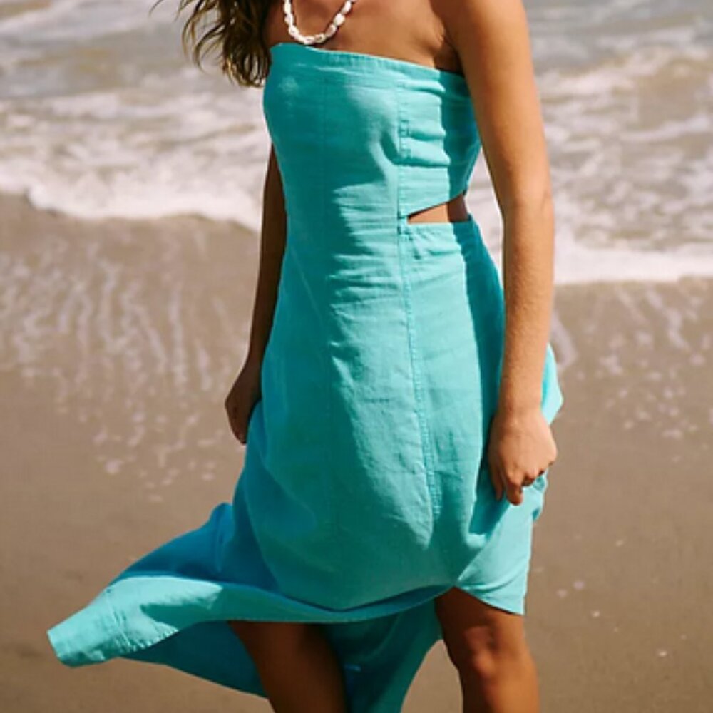 Free People Ciao Linen Midi Dress Sleeveless Pull On Cutout Slit S